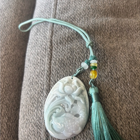 Carved Jade Pendant with Koi Fish and Lotus Design - Picture 3 of 7
